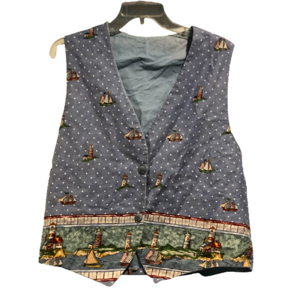 EUC‎ 1990's Blue Cotton Vest Sail Boats Summer New England Vintage Cottage Core